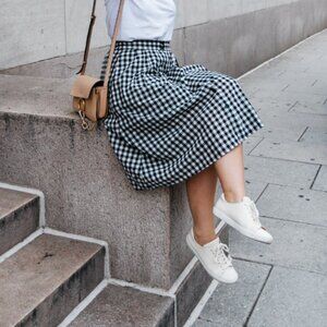 Who What Wear Gingham Midi Skirt Plaid Black and White Button Front Elastic